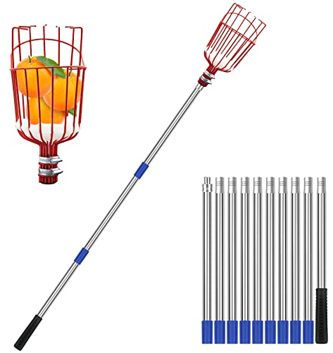 SAN LIKE Recogedor de manzanas con mango telescópico, recogedor de frutas telescópico de acero, recogedor de cerezas, recogedor de peras, 14,5 cm de ancho