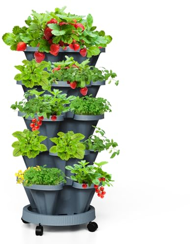Tectsia - Jardineras verticales para fresas, torre apilable de 5 niveles, maceteros apilables para hierbas y verduras con ruedas móviles y platillo inferior, interior y exterior, gris oscuro
