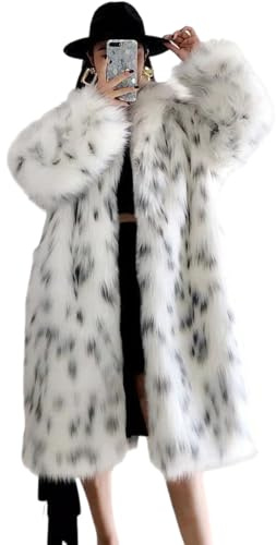 EsukAr Womens Winter Faux Fox Fur Coat, Lady Casual Snow Leopard Print Fur Jacket Thick Warm Mid-Long Plush Outerwear,Leopard,XXL