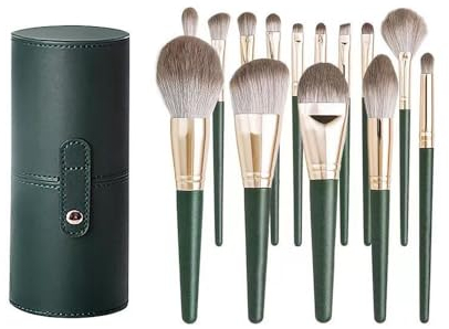 HSAJS 14 Pezzi Set Pennelli Trucco Professionali Manico Verde Custodia Cilindrica Portatile Setole Sintetiche Premium