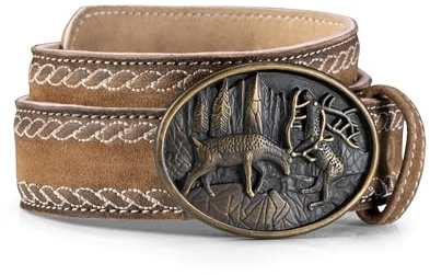 Schöneberger Trachten Couture Ceinture traditionnelle en cuir fabriquée à la main avec boucle de cerf, ceinture en cuir Sebastian, marron, Bundweite 120 (58-60)