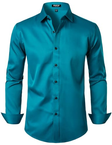 JEMITOP Chemises habillées Extensibles infroissables pour Homme, Chemises Formelles à Manches Longues pour Mariage, Bal de Fin d'année, Chemises boutonnées, Bleu Sarcelle, Taille L