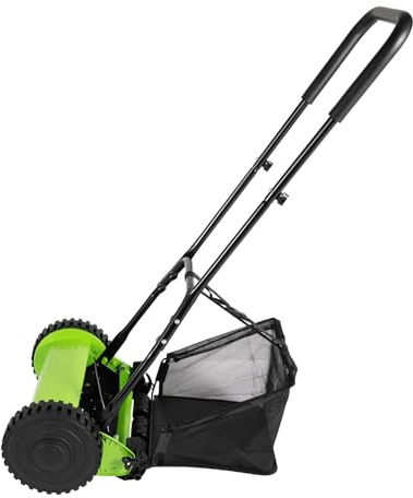 Gosangom 18-inch manual lawn mower, walk-behind mower, manual reel mower, dual wheel mower sweeper, adjustable height with removable grass collector, 5 blades., Green, Black, 98554