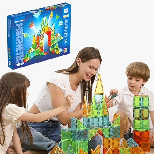 GEOMAG - Magnetic Tiles Gems 100 Pezzi, Costruzioni Magnetiche per Bambini, Tessere e Blocchi Magnetici 4 Forme, Giochi Bambini 3 Anni+, Giochi Montessori STEM Educativi, Idea Regalo Natale Compleanno