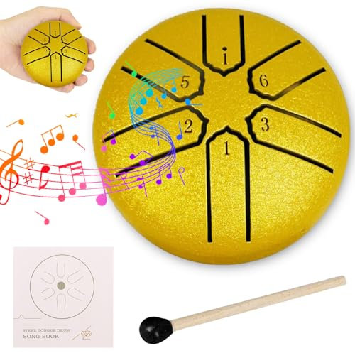 Zungentrommel,Rain Drum,3 Zoll 6 Tone Steel Tongue Drum,Stahlzungentrommel Schlagzeug Anfänger,Hand Pan Drum,Steel Pan Töne Schlaginstrument,Regentrommel,Handpan mit Schlägel,Percussion Instrumente