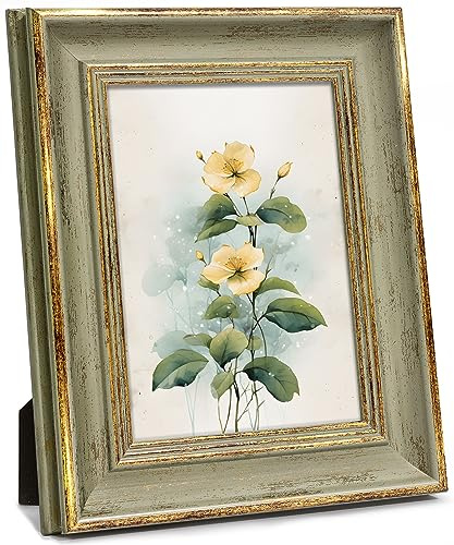 Afuly Cadre photo A4 vintage antique Elagent vert doré 21 x 29,7 cm Cadre mural avec passe-partout pour décoration de maison, bureau, cadeaux pour maman, grand-mère, femme, famille, amis
