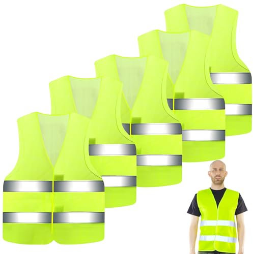 PEAKTOP 5PCS Warnwesten Auto Hellgrün, 56.8x68cm Sicherheitswesten Set, Sicherheitsweste Auto Mit 360°Reflexionsstreifen, High Visibility Warnweste Set Für Fahrer Sanitärarbeiter Pannenhilfe