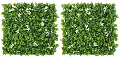 LUWENER Artificial Plant Living Wall Panels,1m x 0.5m Grass Plant Wall Panel Greenery Privacy Living Wall Fence Screening Home Garden Backdrop for Indoor Outdoor Home(2pcs,50 * 50cm with flower)