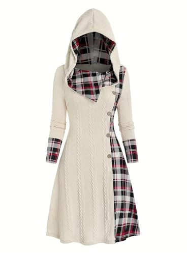 Duohropke Abito da donna con collo alto, vintage, a quadretti, patchwork, con cappuccio, in lana, a maniche lunghe, da skater