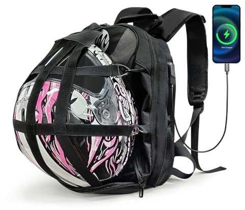 Moman Sac à Dos Moto-avec Port USB de Recharge, BM1 Sac de Casque de Moto avec Porte-Casque Imperméable Grande Capacité Sac de Randonnée Sac à Dos Voyage pour Ordinateur Portable Vélo et Moto
