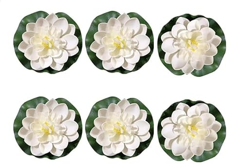 WLSuDHoncc 6 Pcs White Artificial Lotus Flowers Large Floating Lotus Flowers Faux Water Lily Fish Pond Artificial Plants with Artificial Lily Pads, Artificial Plants Home Decor