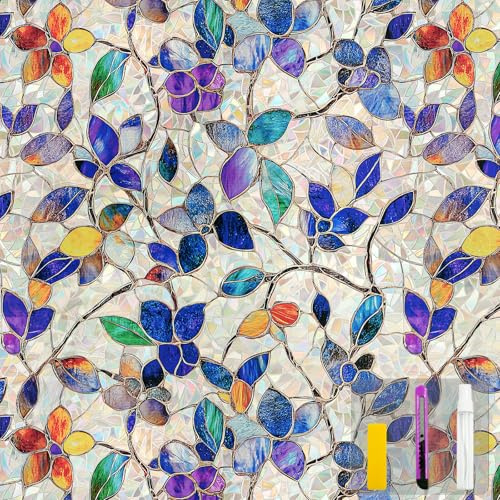 COUNTEWOL Window Privacy Film with Installation Tools Home Decorative Colored Glass Window Stickers Reusable electrostatic Rainbow Stickers (Stained Leaf, 17.5 x 78.7 in)