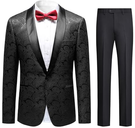 Allthemen Abito da Uomo 2 Pezzi Paisley Slim Fit Smoking Shawl Lapel Formale 1 Bottone Elegante Blazer Pantaloni Sposa Nero XL