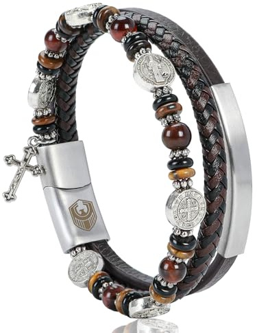 SHIEAGLELD Braccialetto in Pelle da Uomo, Bracciale Religioso con Medaglia di San Benedetto e Croce, Bracciale Occhio di Tigre, Regali Spirituali per Papà, Mariti, Fidanzati, Fratelli, Marrone 20CM