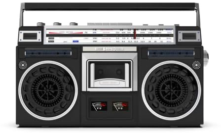 Retro Boombox-kassettspelare med Bluetooth, AM/FM-radio, USB/Micro SD-uppspelning, kassettbandspelare, bärbar stereohögtalare LCD-skärm och dubbla VU-mätare for hem resor | Black