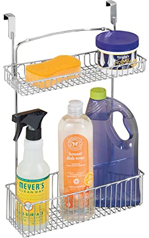 mDesign Over Cabinet Kitchen Storage Unit - Practical Organiser with Stainless Steel Storage Baskets - Hanging Cupboard Organiser for Cleaning Supplies and Cookware - Chrome