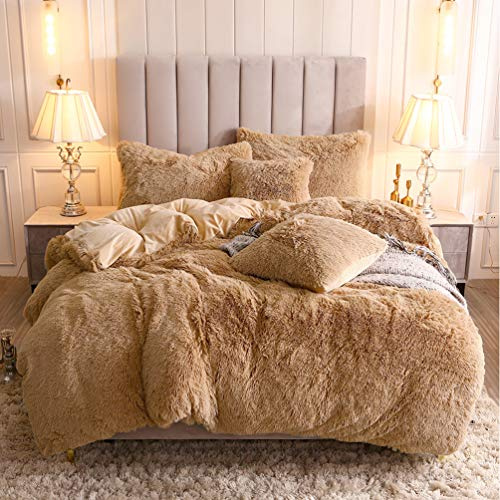 Uhamho Faux Fur Velvet Fluffy Bedding Duvet Cover Set Down Comforter Quilt Cover with Pillow Shams, Ultra Soft Warm (King, Camel)