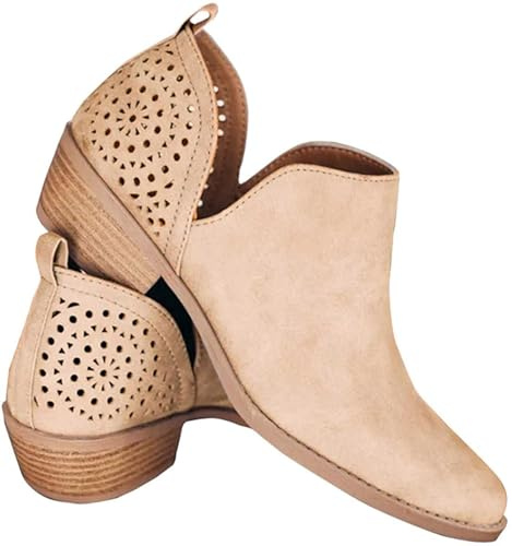 JITUUE Ankle Boots for Women Casual Cut Out Slip On Low Heel Short Chunky Stacked Heel Perforated Side V Cut Western Booties Cutout Shoes (Khaki, US 8)