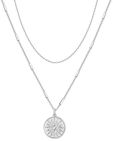 PAVOI Rhodium Plated Trendy Coin Pendant Necklaces for Women - Aesthetic Layering Chain Necklace