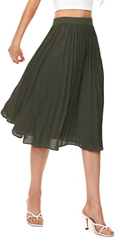 Durio Plisseerock Damen Midirock Damen Faltenrock Plissee Damenrock Leicht Chiffon Röcke A-Linie Grün 36(Tag Size S)