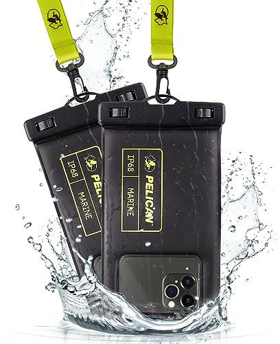 Pelican 2 Pack Marine - IP68 Waterproof Phone Pouch (Regular Size) Floating Waterproof Phone Case - Beach Cruise Ship Travel Essentials - Works w/All Phones - Detachable Lanyard - Black/Hi-Vis Yellow