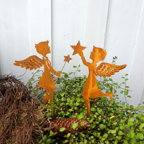 Gartenstecker Engel Figur 2er Set zum Stecken mit Stern in Rostoptik 14cm