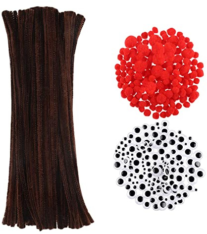 Niaciswe 150 Pezzi Steli in Ciniglia Scovolini Marrone 200 Pezzi Pompom Rossi di Dimensioni Assortite 150 Pezzi Occhi Mobili Adesivi Scovolini di Ciniglia per Artigianato di Renne Natalizie Fai da Te