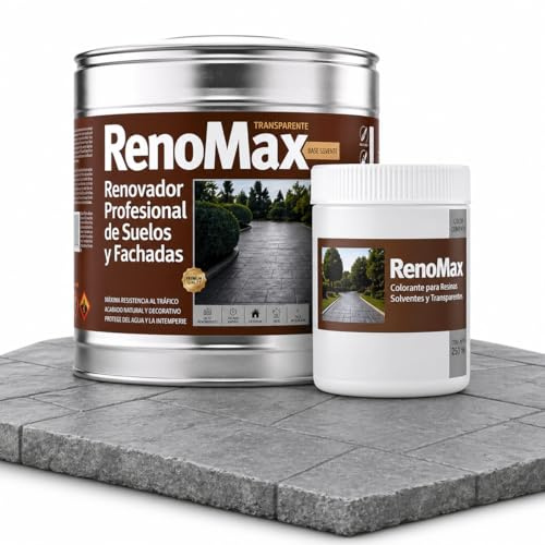 RENOMAX - Resina Hormigon Impreso y Superficies Porosas Al Disolvente + Tinte Hormigon Impreso Color Cemento, 5L Cubre hasta 50m² | Repara y Protege Suelos,Fachadas | Fácil de Aplicar, Garantía 5 Años