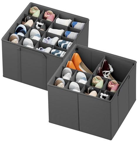 SpaceAid Shoe Organizer for Closet, 2 Pack Foldable Shoe Storage Containers Baskets Boxes Bins w/Adjustable Dividers, Fits 16-32 Pairs, Grey