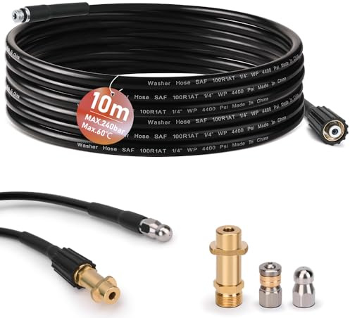 Rohrreinigungsschlauch 10m, mit M22 Adapter, Düsen starr + rotierend, 240bar 60°C Rohrreinigungsset Geeignet für Kränzle Kärcher K2-K7, Hochdruckreiniger Hochdruckschlauch