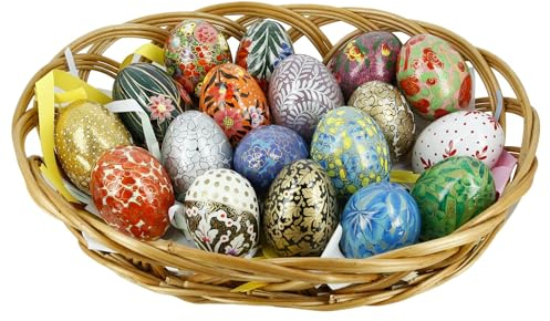 Ajuny 18pcs Wooden Decorations Easter Eggs Paper Mache Ornaments in Basket Multicolored Intricate Designs Perfect Home Colors, Kids School Office Party Supplies Best Gift Idea Set of 18