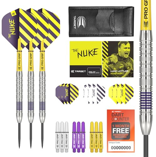 Target Darts Luke Littler 80% Juego de Dardos con Punta de Acero de Tungsteno, 21G/22G/23G | Kit de Accesorios Profesionales para Dardos, Ejes Pro Grip, Alas Pro Ultra, Estuche para Dardos Incluido