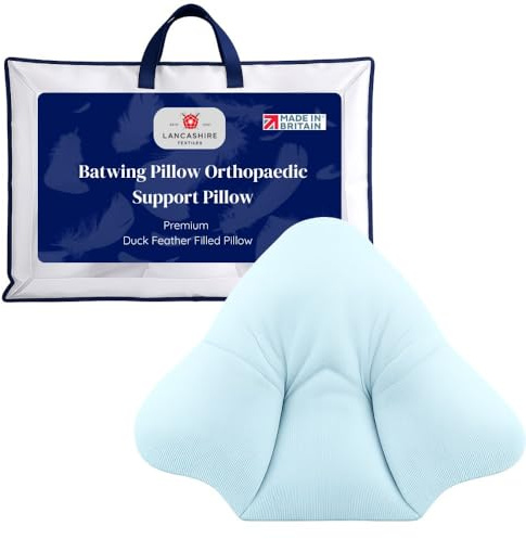 Lancashire Textiles Orthopaedic Duck Feather Batwing Pillow - Made in Britain, Back & Lumbar Support, RDS Certified Duck Feather Filling, Cotton Casing, Polycotton Light Blue Cover, 29x33 Bed Pillow