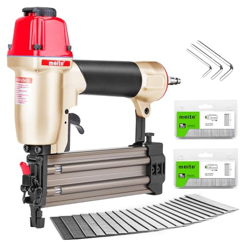 meite F50C Air Brad Nailer with 2000PCS Brad Nails (32mm, 50mm Each Size 1000PCS), Pneumatic 18 Gauge Brad Nailer Small Finish Nail Gun for Trim Work, Fires 18 Gauge Brad Nails 15 mm to 50 mm