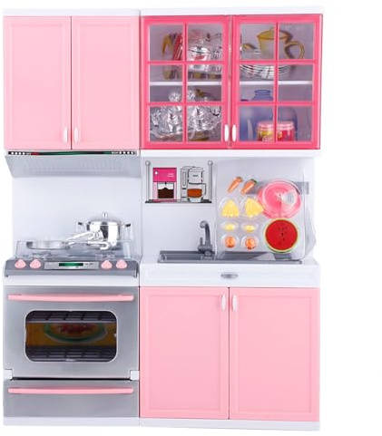 Mini Jeu de Rôle de Cuisine Rose, Four à Gaz, Micro-Ondes, Lave-Vaisselle, pour Les Enfants à Partir de 3 Ans pour à Cuisiner, avec Design Son et Lumière