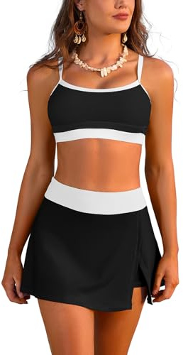 SHEKINI Women High Waisted Bikini Sets Two Piece Swimsuit Sporty Bathing Suit with Skirts Color Block Swimwear, Black White, Medium