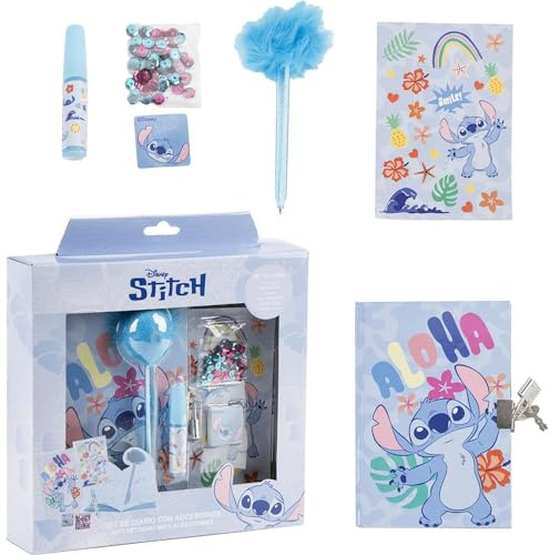 Diario Set Stitch – Set di cancelleria con diario segreto, Fuzzy Pen, adesivi e accessori per bambini creativi fan di Lilo & Stitch che vogliono scrivere e decorare al loro stile