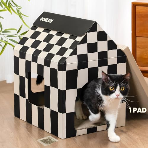 Conlun Cuccia Gatto in Cartone con Tiragraffi per Gatti & Catnip, Casa per Gatti in Cartone Facile da Montare, Adatta a Decorazioni Domestiche, Tiragraffi Gatto Domestici e Piccoli Animali, Grande