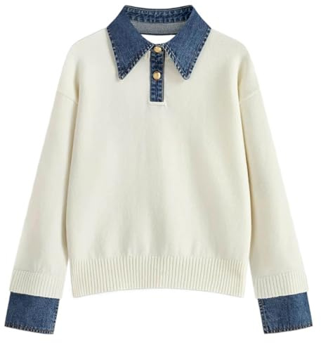 Pull Femme Hiver Chaud en Denim, Chic et Elegant, Pull Chemise Femme 2 en 1, Col Polo Bleu Marine, Pulls Oversize en Tricot, Sweatshirts Jean, Pulls Laine Mohair, Confortable et Doux, Manches Longues
