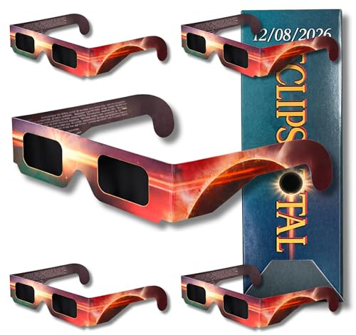 5 Occhiali Eclisse Solare 2026 | Certificati ISO 12312-2 e Certificato CE | Filtro Protettivo Omologati per Osservazione Sicura | Eclipse Agosto 2026