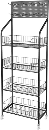 WINPANG 4-stegs butikshyllor, stormarknad försäljningshylla fristående stående stående hylla matförvaring display rack med 10 krokar och 4 hjul, svarta detaljhandels utställningshyllor