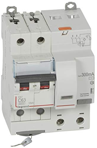 Legrand 411178 Disjoncteur différentiel monobloc DX³6000 10kA arrivée haute et départ bas à vis, 2P, 230V à 400V, 63A typeAC,-300mA