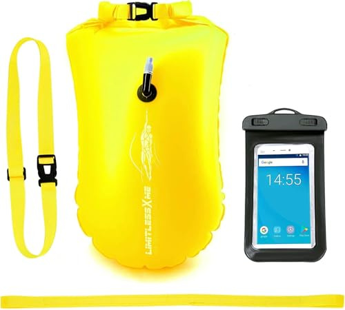 LimitlessXme Simboj & torrpåse – 28 l. Säkerhet vid simning, öppet vatten och triathlon. Swimming buoy, simbubbla, simning boj uppblåsbar, GUL, Simboj