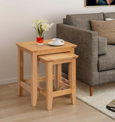 Hallowood Furniture Hereford Oak Nest of Tables Set of 2, Multifunctional Solid Oak Wooden Nesting Side, Coffee Table for Bedroom or Small Spaces, Fully Assembled Living Room Furniture