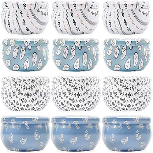 Darware Boho Metal Candle Tins (12 pack, 4 Designs); 2oz European Style Containers for Storage, Parties, Weddings, Jewelry, Candy and Tea Stash