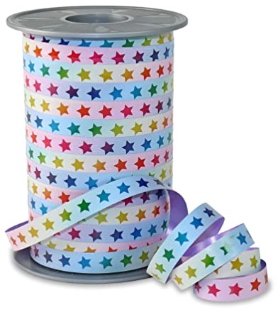 PRÄSENT RAINBOW Ringelband Sterne pastell, 200 m Geschenkband zum Verpacken und Dekorieren, 10 mm Breite, Dekoband in Regenbogenfarben, leicht kräuselbar
