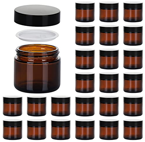2oz Jars with Lids, Hoa Kinh 24 Pack Amber Glass Jars with Lids Empty Cosmetic Containers Round Airtight Glass Jar with Inner Liners and black Lid for Storing Lotions, Powders, and Ointments