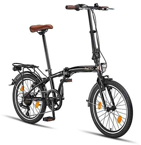 PACTO Ten Klapprad 20 Zoll mit Schnelles Faltsystem (10 Sek), Stahlrahmen, Leichtgewicht (15,6KG), 6 Gänge, V-Bremsen und doppelwandige Aluminiumfelgen (Schwarz)