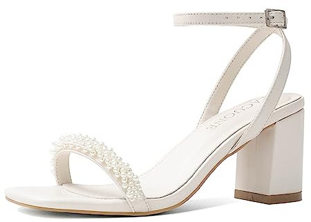 LACUONE Riemchensandalen für Damen, Blockabsatz, Knöchelschnalle, quadratische Zehenpartie, Absatz, Sandalen, Perlweiß (Pearl White), 40.5 EU