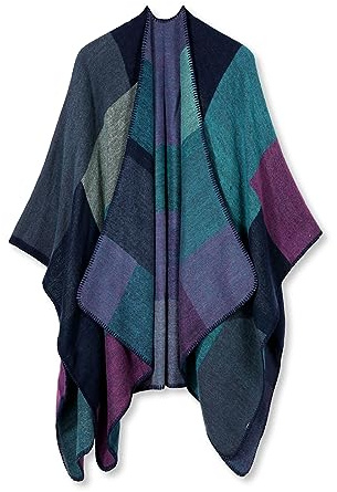 LumiSyne Hiver Poncho Châle en Cachemire Femmes Poncho Tricot Motif à Carreaux Bloc De Couleurs Ouverture Poncho Cardigan Tartan Châle Couverture Élégant Châle Etole Grand Chaud Echarpe Pashmina
